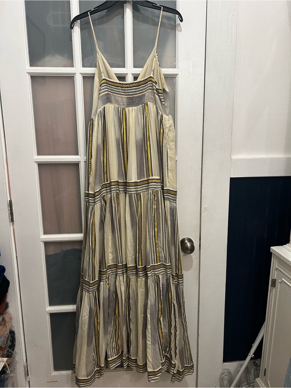 NEW! Banana Republic Zephyr Ivory Blue Gold Stripe Tiered Maxi Dress Size Medium - Picture 13 of 16